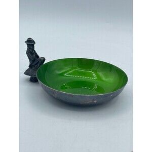 Vintage Reed & Barton Pewter LEPRECHAUN Mushroom Silver Plate Green Enamel Bowl